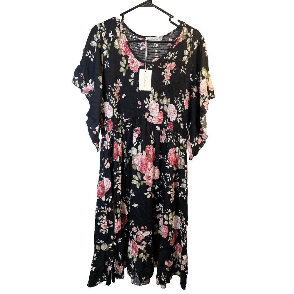 Long Sundress Black Floral Hawaiian Dress‎ 18 Summer Beach Vacation Resortwear